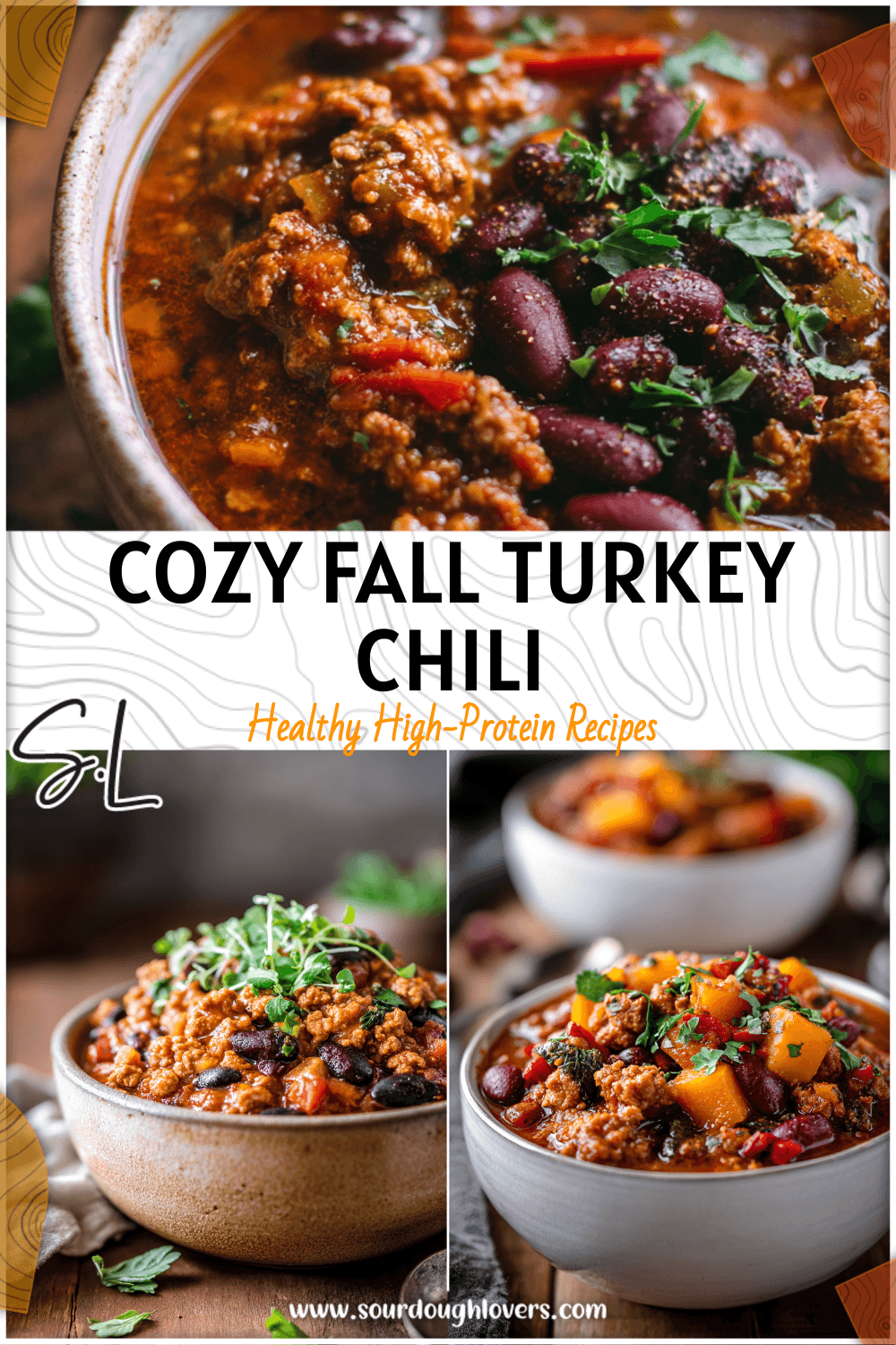 Crock pot of pumpkin turkey chili topped with fresh herbs and beans in a rustic kitchen setting.